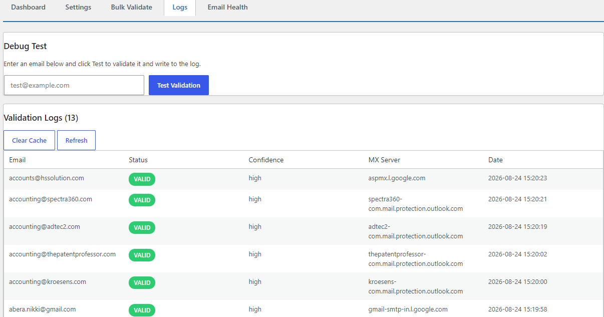 Email Validator plugin log screen with validation status and result details